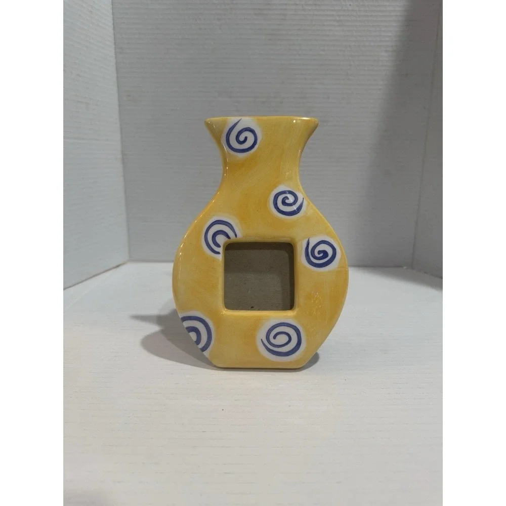 Vintage TerraGraphics Ceramic Picture Frame Vase – Yellow & Blue Swirl – 1996
